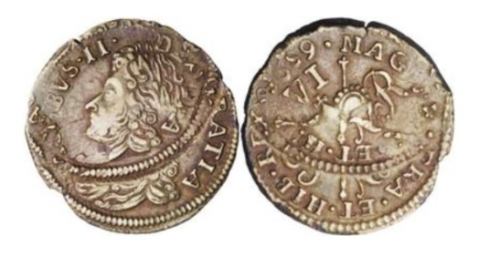 A spectacular mis-strike of the James II gunmoney sixpence – November 1689, KM93, VF, far off-center double strike