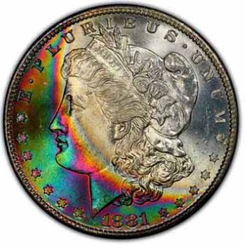 Rainbow toning on an American Morgan dollar coin