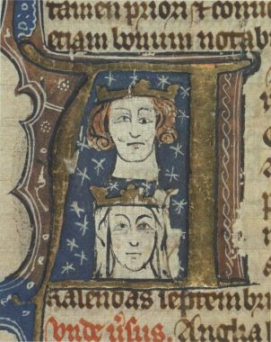 Early fourteenth-century manuscript initial showing Edward and his wife Eleanor. The artist has perhaps tried to depict Edward's blepharoptosis, a trait he inherited from his father