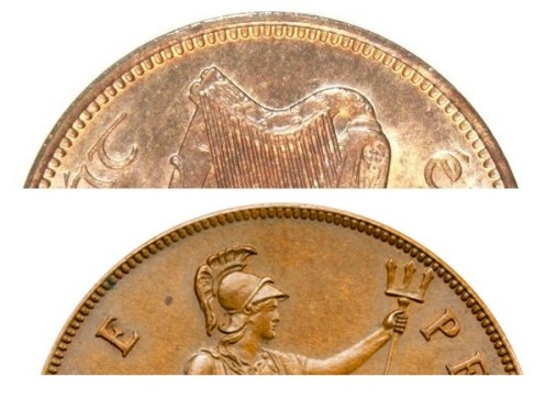 Beaded borders on Irish and UK pre-decimal coins, farthing and penny, respectively.