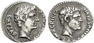 Roman coin - Denarius of Augustus with Agrippa 27 BC - 14 AD - minted in Rome by Caius Sulpicius Platorinus, moneyer. On the left is Augustus bare head with inscription CAESAR AVGVSTVS and Agrippa's head on the right with M - AGRIPPA PLATORINVS - III - VIR