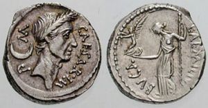 Roman coin silver Julius Caesar denarius, 44 BC, CAESAR IMP M Laureate head right, crescent moon behind, rev L AEMILIVS BVCA, Venus standing left