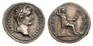 Silver Denarius of Emperor Tiberius, circa 14-37 AD. Obverse: TI CAESAR DIVI AVG F AVGVST, laureate head right. Reverse: PONTIF MAXIM, Livia, as Pax, seated right; plain legs to chair with double line below.