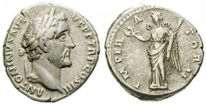 Antoninus Pius silver Denarius 143-144 Rome. Laureate head right ANTONINVS AVG PIVS PP TR P COS III / IMPERATOR II Victoria standing left, holding wreath and palmbranch