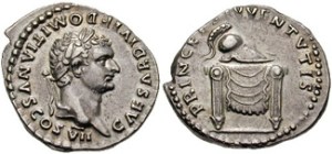 DOMITIAN, as Caesar. 80 AD. Silver Denarius (3.48 gm). CAESAR DIVI F DOMITIANVS COS VII, laureate head right / PRINCEPS IVVENTVTIS, helmet on throne