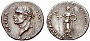 GALBA. 68-69 AD. AR denarius. GALBA-IMP (starting at 7 o'clock, reading clockwise) Laureate head r., with globe at point of bust. / HISPANIA Hispania, draped, standing l., holding corn ears and poppy in r. hand and round shield and two vertical spears in l.