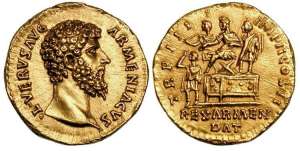 Lucius Verus gold aureus. 164 AD. L VERVS AVG ARMENIACVS, bare head right / REX ARMEN DAT TR P IIII IMP II COS II, Verus, flanked by lictor shouldering fasces & another standing attendant, seated left on camp chair on platform, extending his right hand to crown Armenian king who stands left before platform, raising his right hand to guide the crown onto his head
