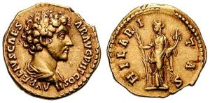 Marcus Aurelius, as Caesar, gold Aureus. 145 AD. AVRELIVS CAESAR AVG PII FIL COS II, bare-headed & draped bust right / HILARITAS, Hilaritas standing facing, head left, holding palm & cornucopiae
