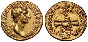 Nerva gold Aureus. 96 AD. IMP NERVA CAES AVG P M TR P COS II P P, laureate head of Nerva right / CONCORDIA EXERCITVVM, two clasped hands holding aquila set on prow