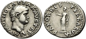 Otho. AD 69. AR Denarius (19mm, 3.48 g, 6h). Rome mint. IMP M OTHO CAESAR AVG TR P, Bare head right / PAX ORBIS TERRARVM, Pax standing left, holding olive branch and caduceus.