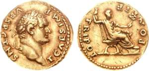 Titus, as Caesar, gold Aureus. 73 AD. T CAESAR IMP VESP CENS, laureate head right / TRI POT PONTIF, Titus seated right, holding sceptre & branch