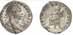 roman coin Trajan silver Denarius. IMP TRAIANO AVG GER DAC P M TR P, laureate bust right, draped far shoulder / COS V P P SPQR OPTIMO PRINC, Aequitas seated left holding cornucopiae & scales