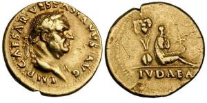Vespasian gold Aureus. Rome mint, 21 Dec 69 through early 70 AD. IMP CAESAR VESPASIANVS AVG, laureate head right / IVDAEA in ex, captive Jewess seated right, hands tied before, trophy of captured arms behind.