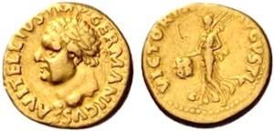 VITELLIUS. 69 AD. Gold Aureus, Tarraco January-April 69, 7.16 g. A VITELLIVS IMP GERMANICVS Laureate bust l., with globe at point of the bust. / VICTORIA – AVGVSTI Victory, draped, advancing l., holding shield inscribed S P / Q R