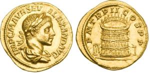 Severus Alexander gold Aureus. 223 AD. IMP C M AVR SEV ALEXAND AVG, laureate, draped bust right / P M TR P II COS P P, the Roman Colosseum (Flavian Amphitheater), four stories, with statues in arches and topped by supports for the velarium (roof awning).