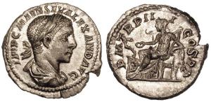 Severus Alexander. Silver Denarius. Rome, 224 AD. IMP C M AVR SEV ALEXAND AVG, laureate, draped bust right / P M TR P III COS P P, Pax standing left, holding olive branch and sceptre
