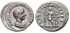 Diadumenian Denarius. M OPEL ANT DIADVMENIAN CAES, draped bust right / PRINC IVVENTVTIS, Diadumenian standing front, looking right, holding sceptre & standard, two standards behind
