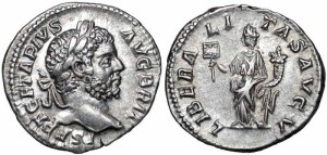 Geta Denarius Obv: PSEPTGETAPIVSAVGBRIT - Laureate head right. Rev: LIBERALITASAVGV - Liberalitas standing left, holding coin counter and cornucopia. 211 (Rome)