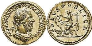 Macrinus, gold Aureus, 6.98 gr. Rome, 217-218 AD. IMP C M OPEL SEV MACRINVS AVG Laureate, draped and cuirassed bust right (older bust with long beard) / SALVS PVBLICA, Salus seated left on high-backed throne, holding patera in her left hand from which she feeds a serpent coiling up from an altar to left, her right hand on the serpent’s head