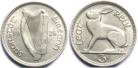 Ireland 1928 threepence coin ireland saorstat eireann eire percy metcalfe