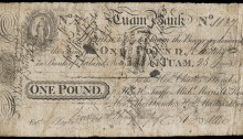 Tuam Bank, One Pound, 25 June 1813, no. 1037, for Hon Charles Ffrench, Henry Taaffe, Michael Morris, William Keary, Hon Thomas Ffrench & Hon Martin Ffrench (PB 332c). Bankruptcy stamp on front