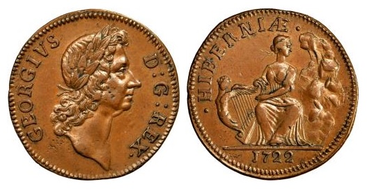 1722 Wood's Hibernia Halfpenny, D: G: REX, Rocks at Right (pattern)