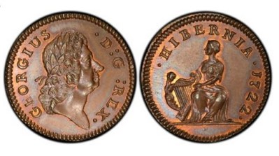 1722 Wood's Hibernia Farthing, Type I (regular issue)