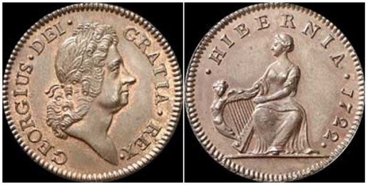1722 Wood's Hibernia Halfpenny, Type I (regular issue)