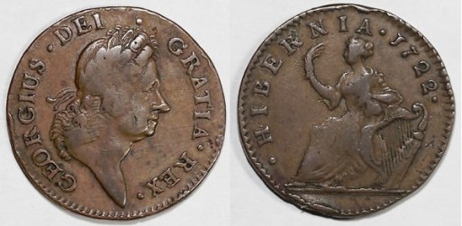 1722 Wood's Hibernia Halfpenny, Type II (regular issue)