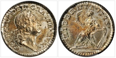 1723 Wood's Hibernia Farthing. Martin 3.2-Bc.10, W-12500. Rarity-5. Silver Pattern. Specimen-64+
