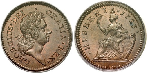 1723 Wood's Hibernia Halfpenny, Type II (regular issue)