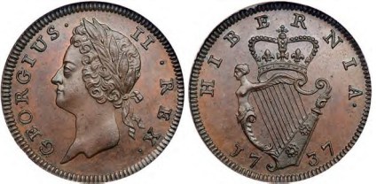 1737 George II, Type I farthing S-6608 D&F-558 George II, the superb left-facing Irish portrait, bare head with ribbon-ties behind. Plain edge.  