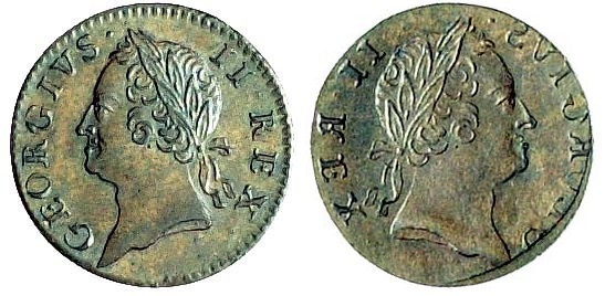 1760 George II, Farthing (DF 563, S 6611), obverse brockage, extremely fine and patinated, rare and unusual