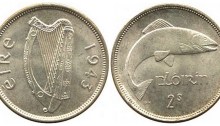 coins, numismatics, irish free state, eire, ireland, florin, two-shillings, The rare 1943 Ireland florin - approx. known examples exist.