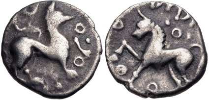 Cantii. Dubnovellaunus. c 30-10 BC. Silver Unit. Winged beast standing right, annulets around, Horse standing left