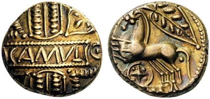 Catuvellauni & Trinovantes. Cunobelin, c. 8-41. Stater Gold, Camulodunon (Colchester). CAMVL + Two horses galloping