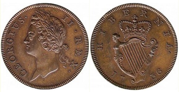 George II, Type I copper Halfpenny 1736.  Obverse : Laureate bust facing left; 