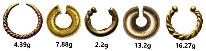 Ring Money, or pennanular rings as they are now called, varies in shape, weight and form - some are single rings, others are double, and the gold content varies from solid rings, to hollow rings and gold plated. Celtic or Bronze Age?