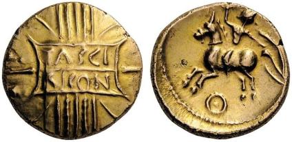 Trinovantes. Tasciovanos, c. 25 BC - AD 10. Stater (Gold). TASCI  RICON within double panel over vertical wreath