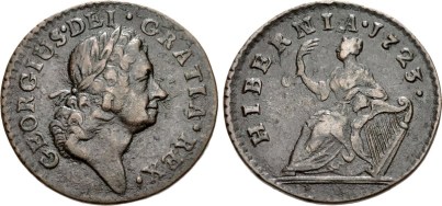 William Wood's 'Hibernia' type. Wood's mint, possibly in London or Bristol. 1723. Laureate head right / Hibernia seated left on globe, holding palm frond in right hand, resting left elbow upon harp. Martin dies 3.22/Ba.1 (EDS); D&F 525; SCBI –; SCBC 6604. VF, attractive brown patina.