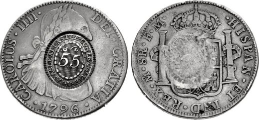 A Castlecomer token - over-struck on a Spanish dollar or ‘piece of eight’ reales, dated 1796. Counter-struck ‘5 shillings & 5 pence’ for use in trading by the Castle Comer Colliery, in Co Kilkenny