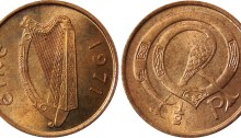 Ireland decimal halfpenny 1971-1985 - designed by Gabriel Hayes (1909–1978) - an Irish artist born in Dublin. She was a sculptor who studied in Dublin, France, and Italy. She also designed the penny and twopence coins of this series.