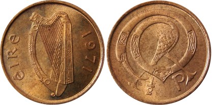 Ireland decimal halfpenny 1971-1985 - designed by Gabriel Hayes (1909–1978) - an Irish artist born in Dublin. She was a sculptor who studied in Dublin, France, and Italy. She also designed the penny and twopence coins of this series.