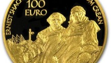 The 2008 €100 gold coin (polar explorers) - the largest (28mm diameter) and heaviest (half ounce) Irish gold coin to date.