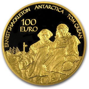The 2008 €100 gold coin (polar explorers) - the largest (28mm diameter) and heaviest (half ounce) Irish gold coin to date.