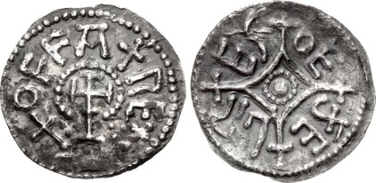 ANGLO-SAXON, Kings of Mercia. Offa. 757-796. AR Penny (17.5mm, 1.21 g, 9h). Light coinage. Mint in East Anglia; Oethelred, moneyer. Struck circa 785/90-792/3. + OFFA + RE+ around cross potent on steps, within which an inverted T-like device / OE đE LR ES in the angles of a lozenge cross crosslet with small rosette in center. Chick 176; SCBI –; BMC –; North –; SCBC 907