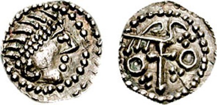 Anglo-Saxon Secondary Sceattas of Northumbria, York. ca 720s AD. AR Sceatta, Series J, Type 85. Diademed head right / bird perched right on cross; quatrefoil, trefoils, & annulets in field. Metcalf 293; North 128