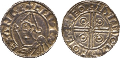 Cnut (1016-1035) , penny, helmet type, Leofinc of Lincoln, helmeted bust l