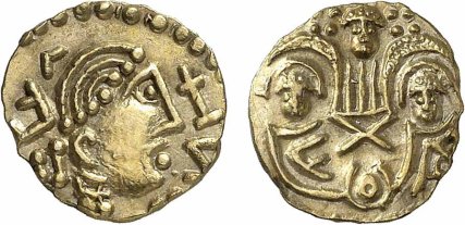 Early Anglo-Saxon. Post-Crondall Type. Gold Thrymsa. «Two emperors» type, ca.655-675. Mint in Kent. Obv: Helmeted bust right. Rev: Emperors enthroned facing crowned by winged Victory. Gold, 1.25 grams. Metcalf 79-80. SCBC 767. High gold content and Expressive portrait. Rare quality. Virtually as struck with high reliefs. Exceptional Condition. Almost Uncirculated