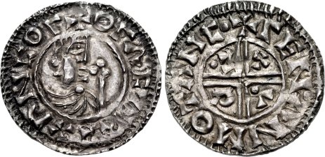 Sweden: Olof Skötkonung (the Treasurer) and the first Christian King of Sweden. 995–1022. AR Penny (22mm, 1.98 g, 3h). Sigtuna mint; Leofman, moneyer. + OΓΛF Λ REX ΛN COΓ, draped bust of Olof right; scepter before / + ΓEN•ΛN MO TΛNC• , voided short cross; C• R V X in angles, pellet in first and fourth quarters. Malmer dies 4.17/67; Person Group VI, Type A, 26; Lagerqvist 16c; Antell 8. Good VF, toned. Struck on a broad flan. Very rare